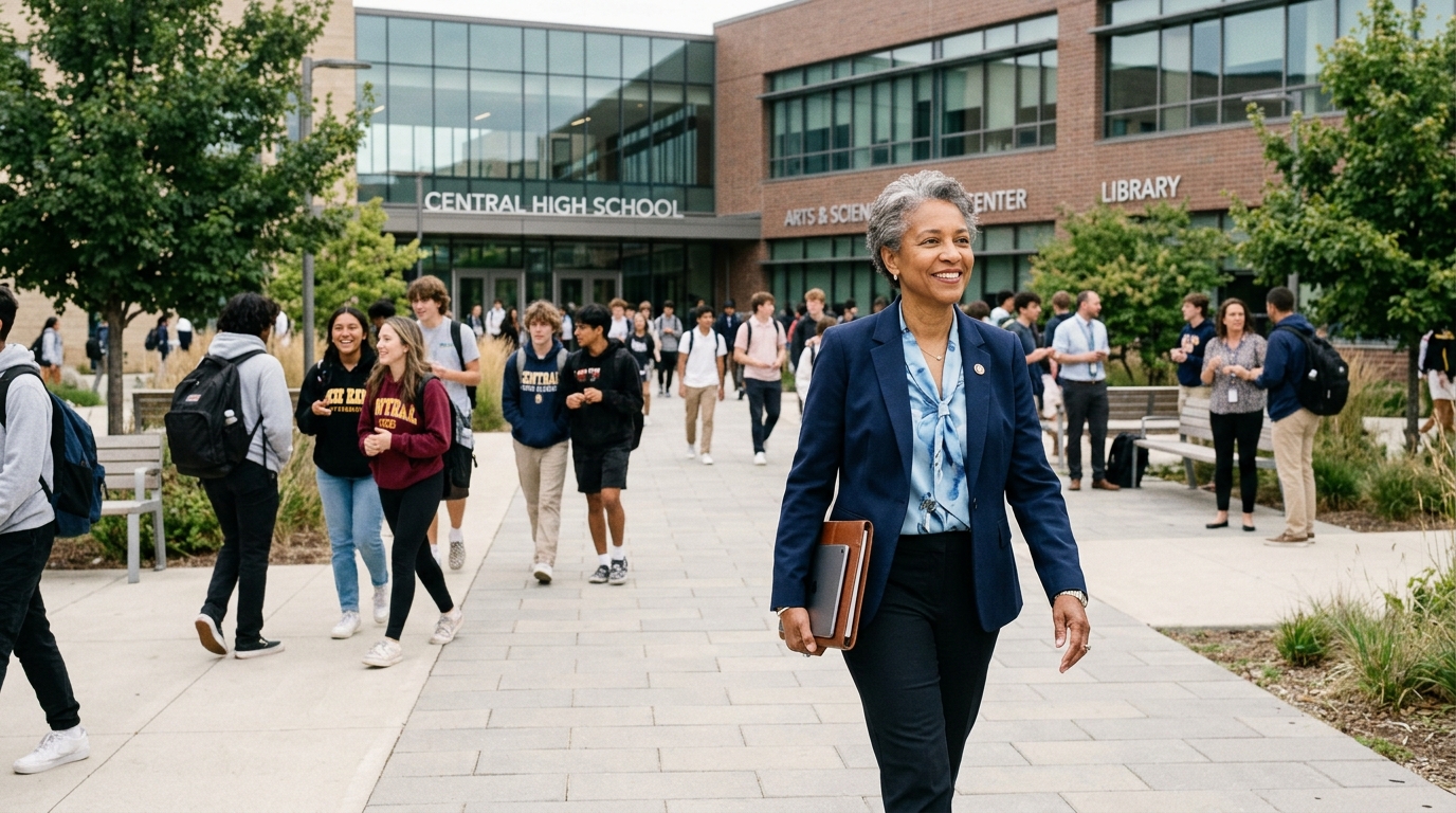 Wide view of students arriving on a school campus