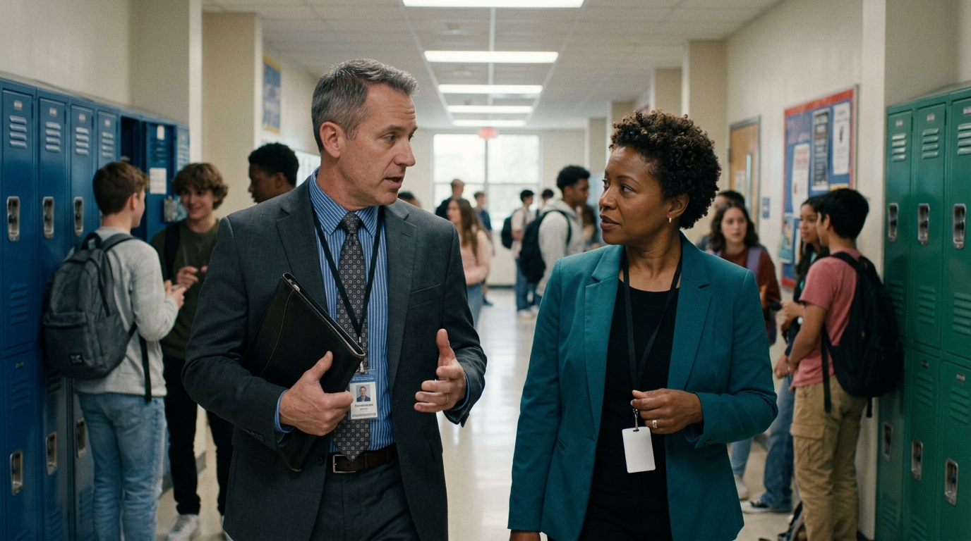 Superintendent and principal walking through a school hallway