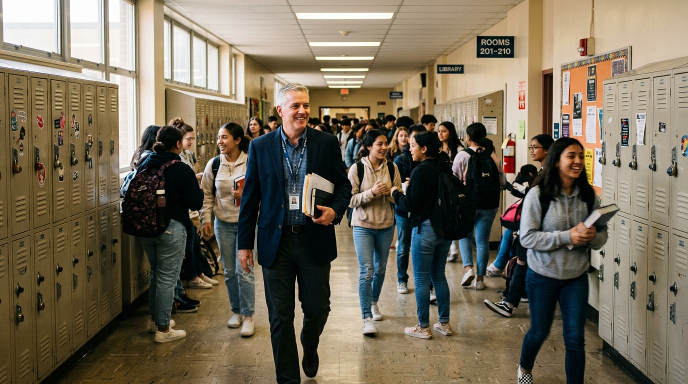 Students entering a modern school campus
