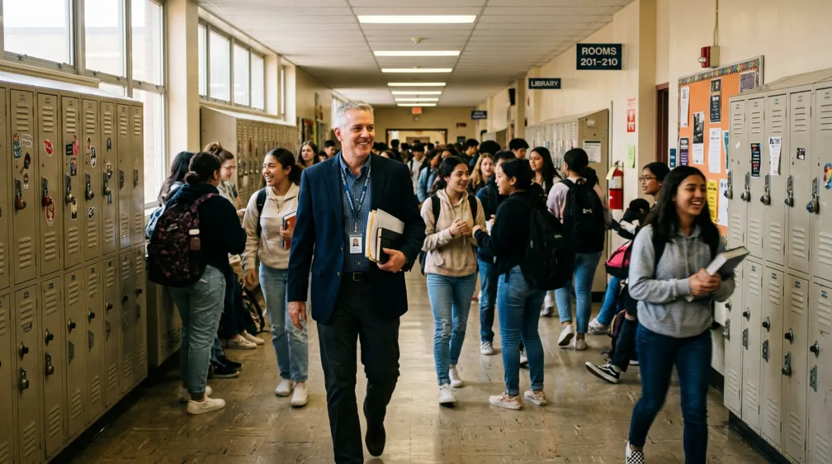 School leader speaking with teachers in a hallway about responsible AI use