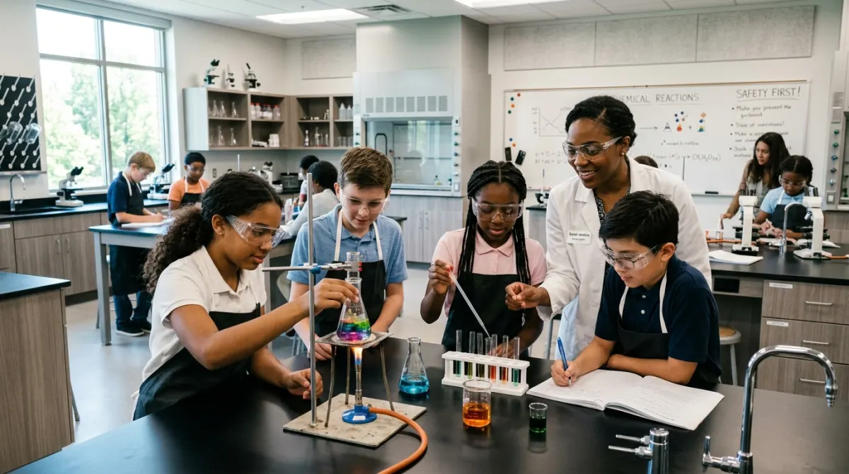 Students working with a teacher in a science classroom during a guided learning activity