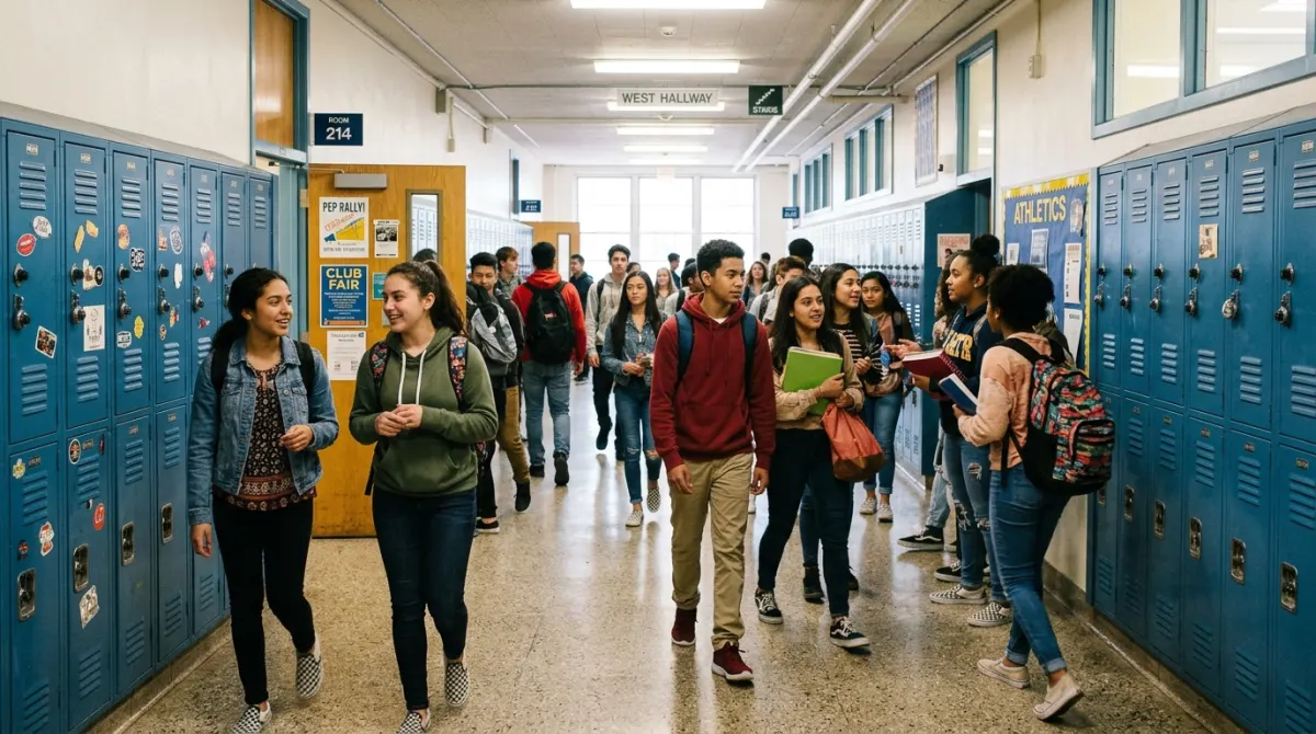 Students talking together in a bright school hallway