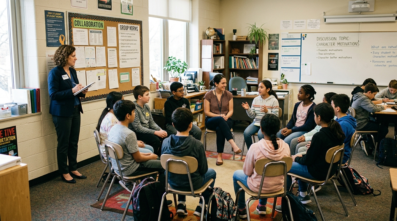 A district leader walking in front of a high school campus with students present